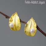 Boucles d'Oreilles or 24 carats sur argent sterling Feuillage sous la Pluie avec Perle | Felin-Addcit