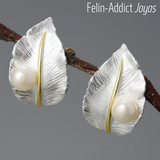 Boucles d'Oreilles argent sterling Feuillage sous la Pluie avec Perle | Felin-Addcit